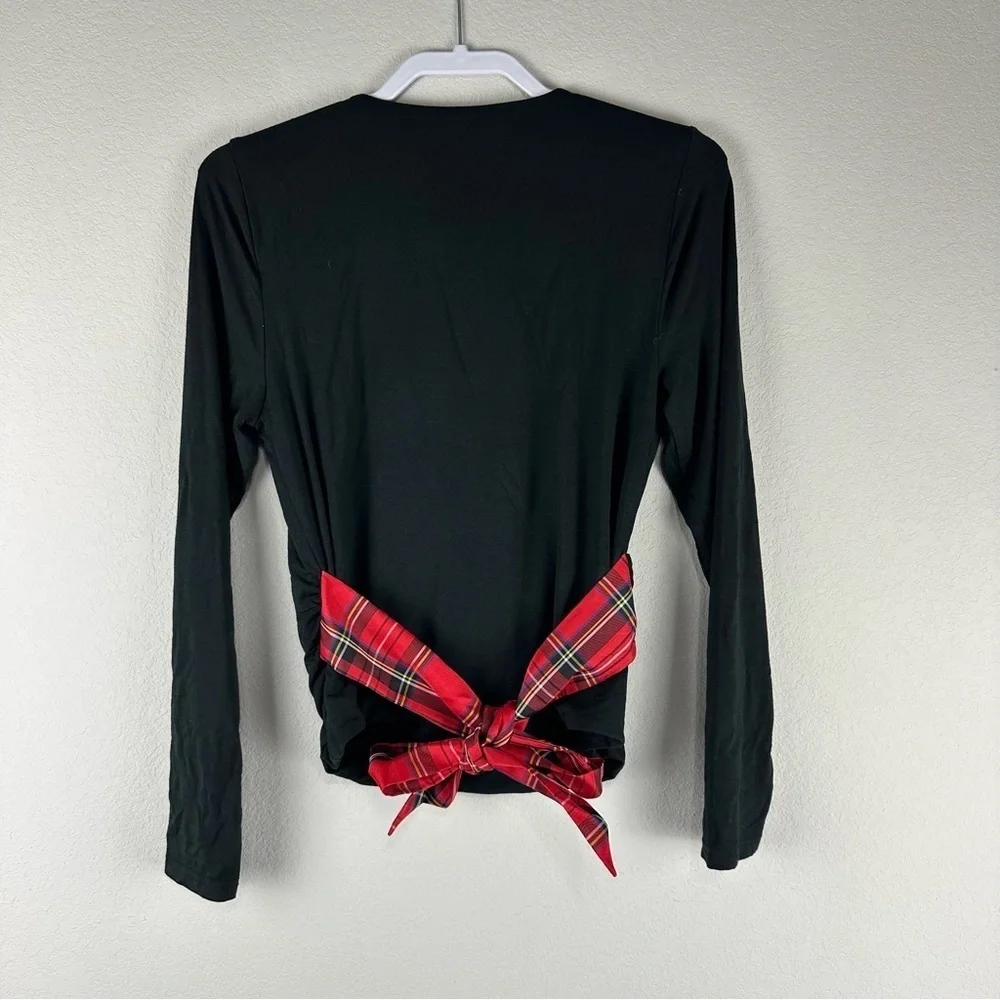 NEW J.Crew Black Red Plaid FormKnit Long Sleeve Wrap Bow Tie Top Size Medium
